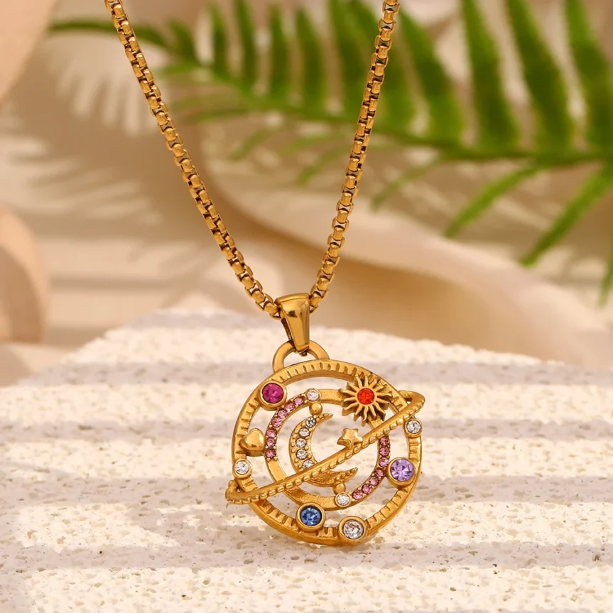 E.B.belle Colorful Rhinestone Moon Star Planet Necklace Stainless Steel 18K Gold Plated Fashion Jewelry Girls - Image 9
