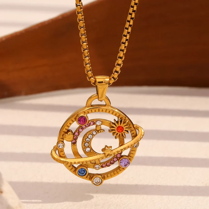 E.B.belle Colorful Rhinestone Moon Star Planet Necklace Stainless Steel 18K Gold Plated Fashion Jewelry Girls
