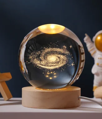 6cm 3D Crystal Ball Glass Planet LED Warm Night Light Laser Engraved Solar System Globe Universe Birthday Gift Wooden Base