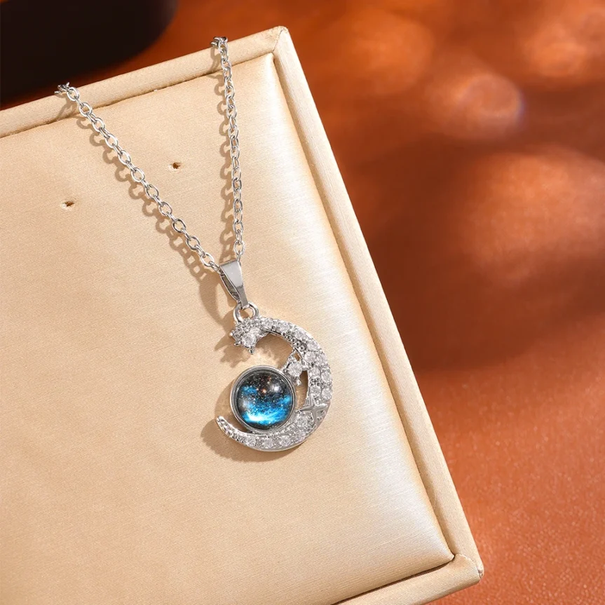 ZAKOL Classic Planet Universe Moon CZ Pendant Necklace Sliver Gold Color Titanium Steel Chain Choker Fashion Jewelry Gift - Image 2