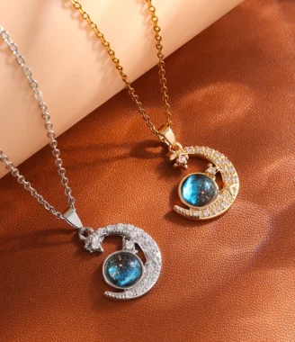 ZAKOL Classic Planet Universe Moon CZ Pendant Necklace Sliver Gold Color Titanium Steel Chain Choker Fashion Jewelry Gift