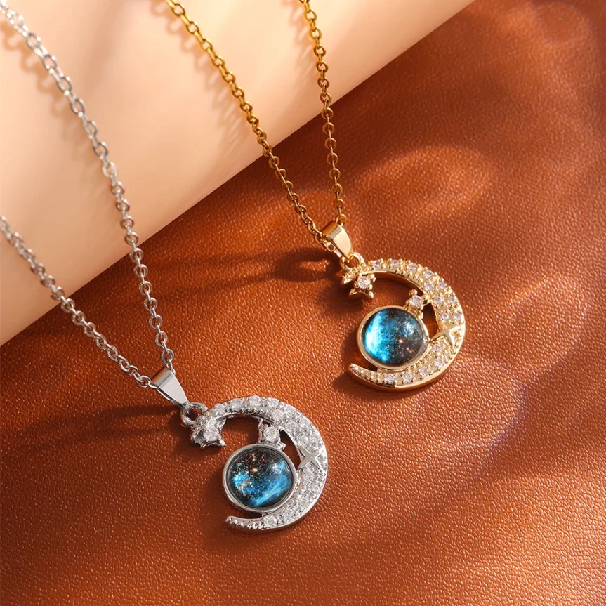 ZAKOL Classic Planet Universe Moon CZ Pendant Necklace Sliver Gold Color Titanium Steel Chain Choker Fashion Jewelry Gift