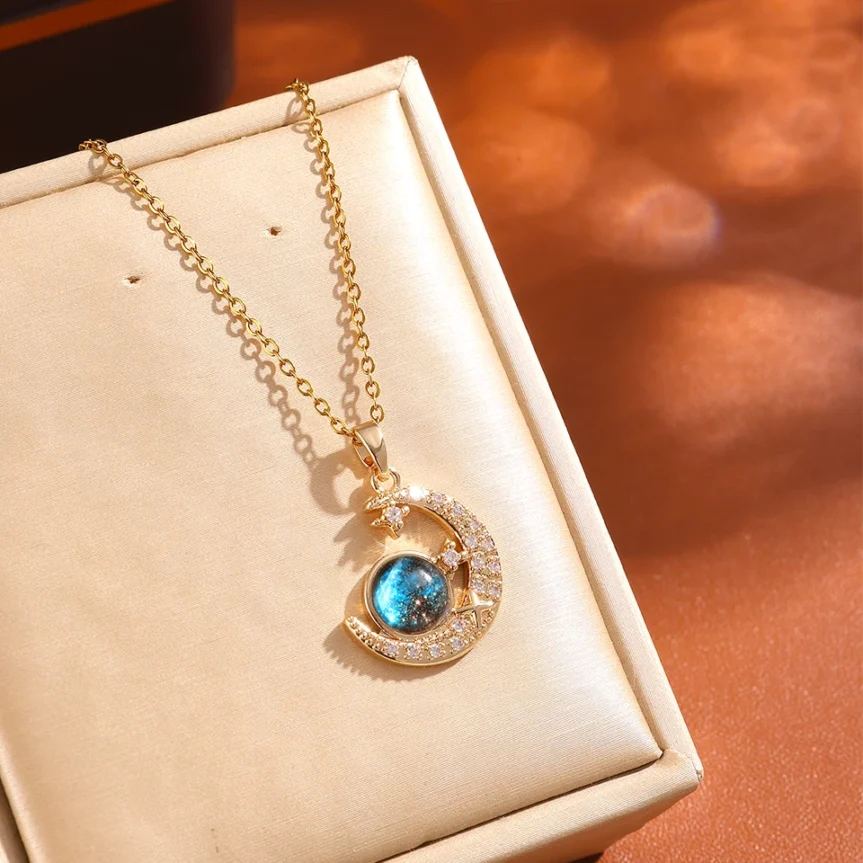 ZAKOL Classic Planet Universe Moon CZ Pendant Necklace Sliver Gold Color Titanium Steel Chain Choker Fashion Jewelry Gift - Image 3